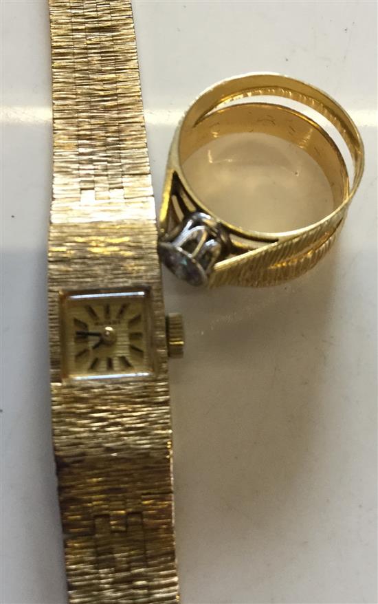 9ct gold watch and diamond set ring and an 18ct textured gold band